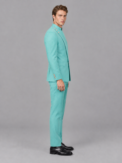 Savile Men's Turquoise Mandarin Collar Asymmetrical 2-Piece Suit Set – Modern Jacket & Trousers - Turquoise - Turquoise_5