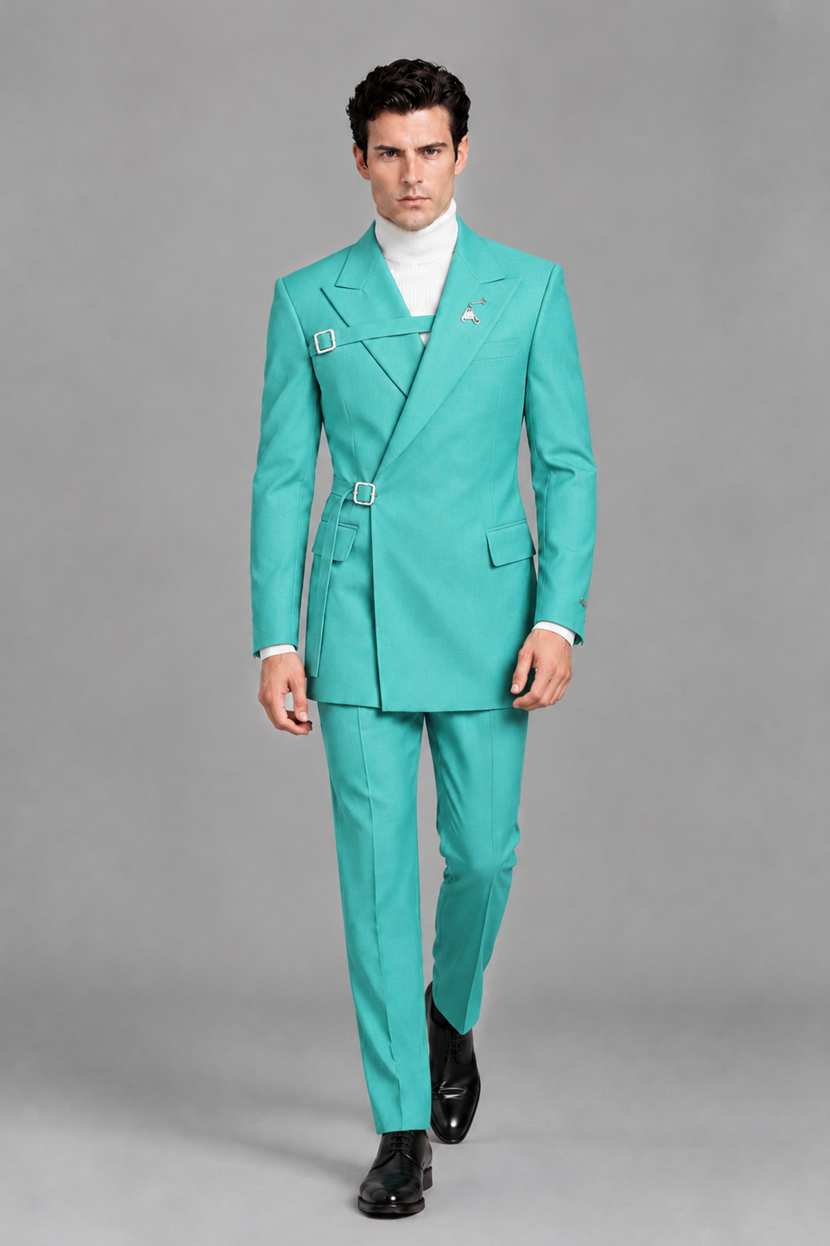 Savile Men's Turquoise Double Buckle Wrap Belted 2-Piece Suit Set – Peak Lapel Slim-Fit Jacket & Trousers - Turquoise - Turquoise_5
