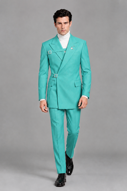 Savile Men's Turquoise Double Buckle Wrap Belted 2-Piece Suit Set – Peak Lapel Slim-Fit Jacket & Trousers - Turquoise - Turquoise_5