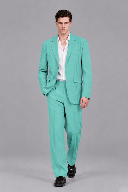 Savile Men's Turquoise Pleated 2-Piece Suit Set | Notch Lapel Blazer & Tailored Trousers - Turquoise - Turquoise_5
