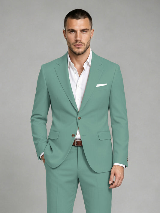 Savile Men's Dark Turquoise Wool-Blend 2-Piece Suit Set – Two-Button Notch Lapel Slim-Fit Blazer & Turn-Up Trousers - Turquoise