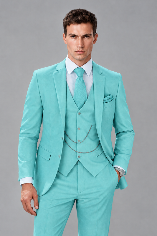 Savile Turquoise 3-Piece Suit with Notch Lapel & Chain Vest - Turquoise