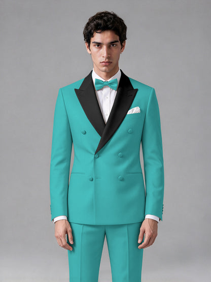 Men's Turquoise Double-Breasted Satin Peak Lapel Tuxedo Suit Set (Jacket + Trousers) - Turquoise