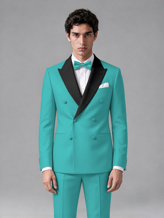 Men's Turquoise Double-Breasted Satin Peak Lapel Tuxedo Suit Set (Jacket + Trousers) - Turquoise