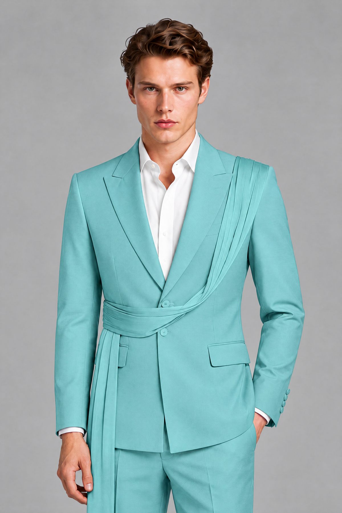 Men's Turquoise Draped Sash Suit – Peak Lapel 2-Piece Slim Fit Party, Gala & Wedding Set - Turquoise