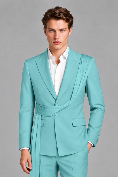 Men's Turquoise Draped Sash Suit – Peak Lapel 2-Piece Slim Fit Party, Gala & Wedding Set - Turquoise