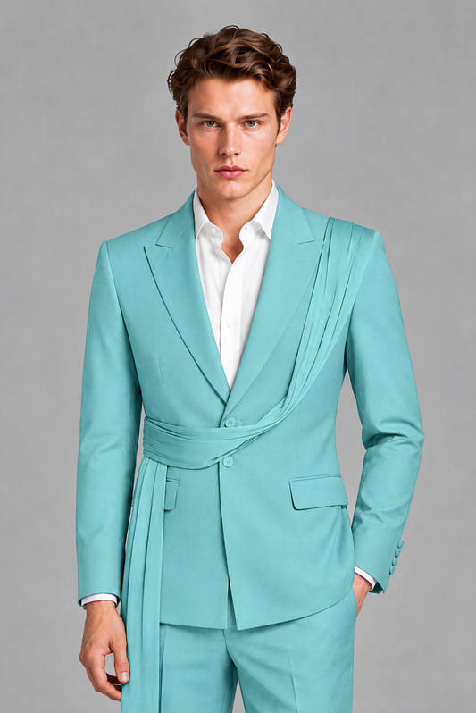 Men's Turquoise Draped Sash Suit – Peak Lapel 2-Piece Slim Fit Party, Gala & Wedding Set - Turquoise