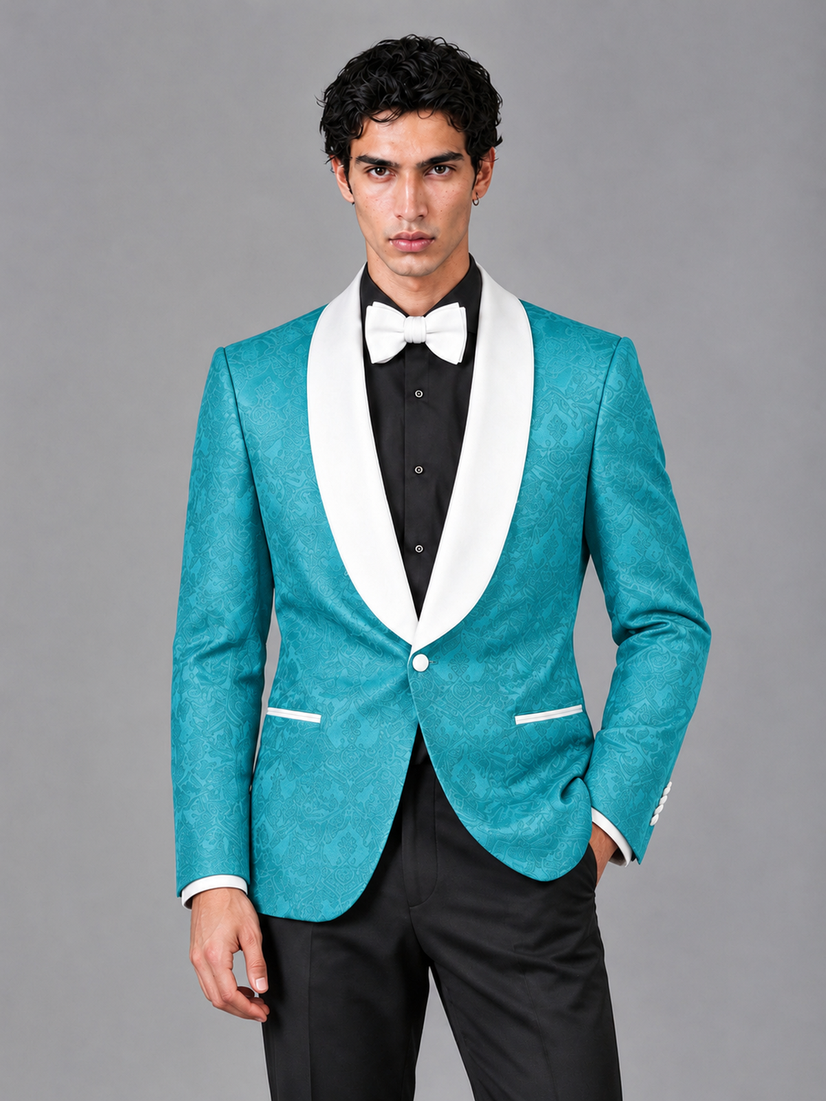 Savile Men's Turquoise Jacquard White Shawl Lapel 2-Piece Tuxedo Suit Set | Jacket & Trousers - Turquoise - Turquoise (1)
