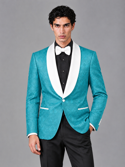 Savile Men's Turquoise Jacquard White Shawl Lapel 2-Piece Tuxedo Suit Set | Jacket & Trousers - Turquoise - Turquoise (1)