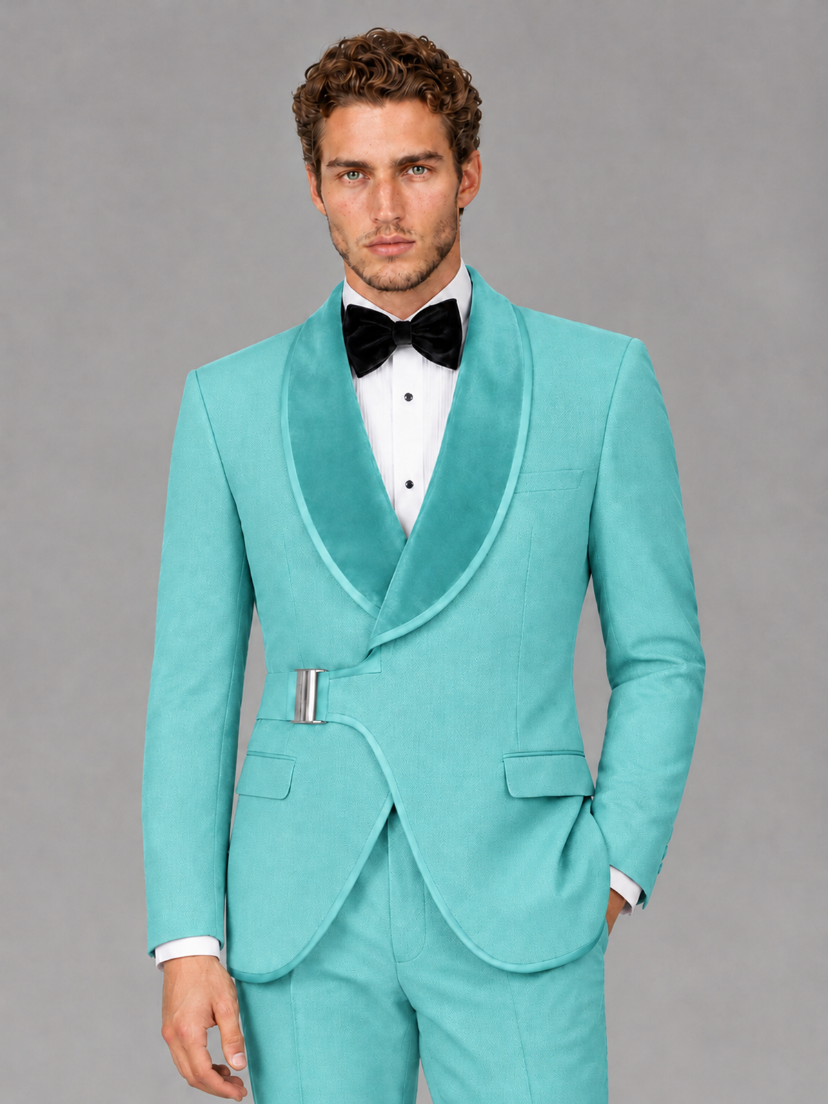Savile Men's Turquoise Velvet Shawl Lapel Tuxedo Suit – Modern Side-Buckle Dinner Jacket & Trousers 2-Piece Set - Turquoise