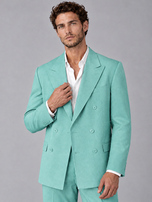 Savile Turquoise Beige Double-Breasted 2-Piece Suit with Peak Lapel - Turquoise