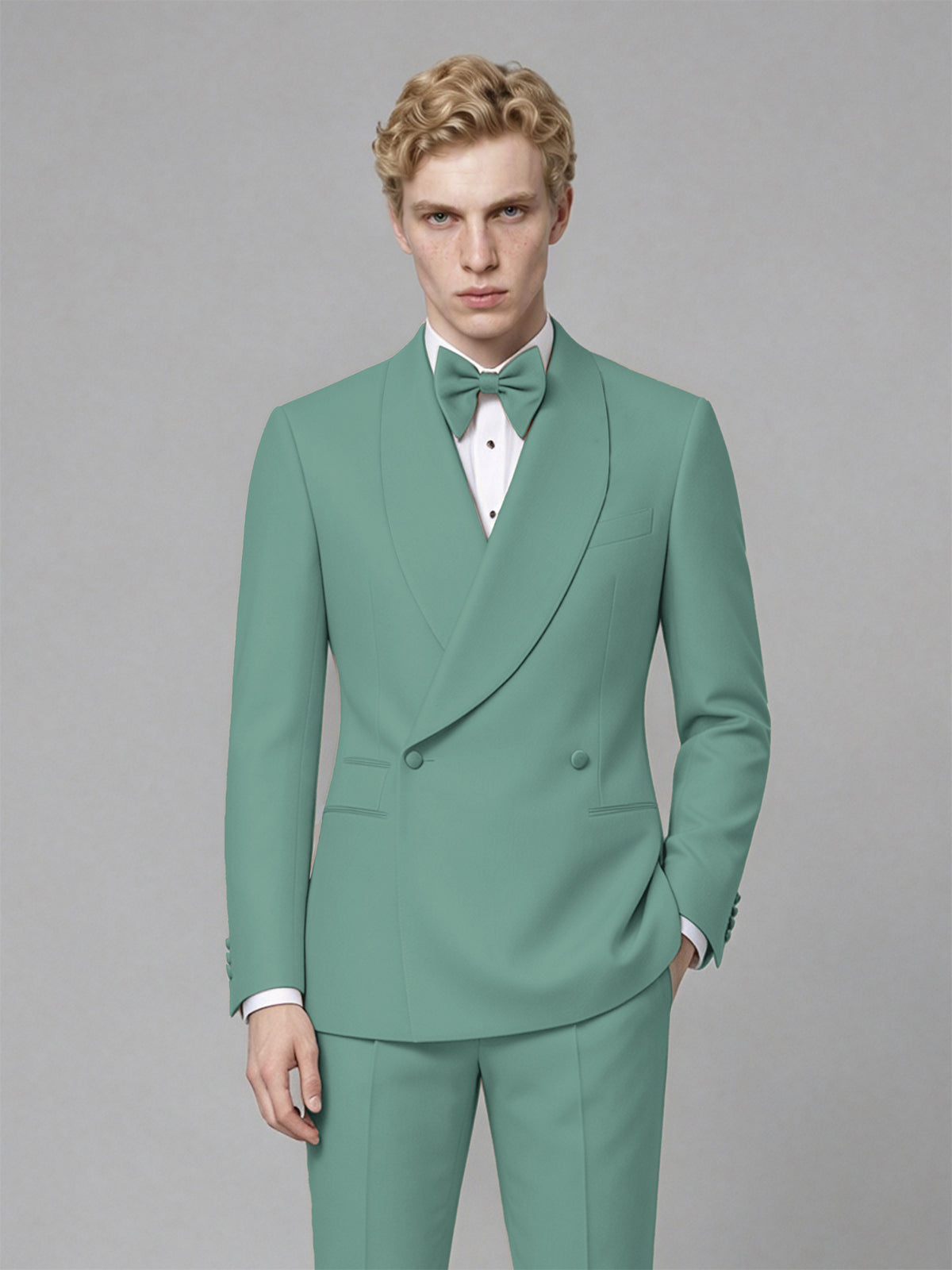 Men's Turquoise Single-Button Turquoise Satin Shawl Lapel Tuxedo Suit Set | Blazer & Trousers - Turquoise