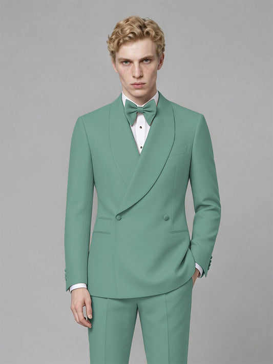 Men's Turquoise Single-Button Turquoise Satin Shawl Lapel Tuxedo Suit Set | Blazer & Trousers - Turquoise