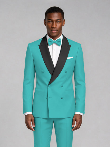 Men's Turquoise Double-Breasted Tuxedo Suit – Satin Shawl Lapel Turquoise-Tie Wedding & Gala 2-Piece Set - Turquoise