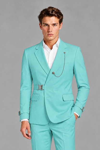 Savile Men's Turquoise Buckle-Closure 2-Piece Suit Set | Peak Lapel Blazer & Trousers - Turquoise
