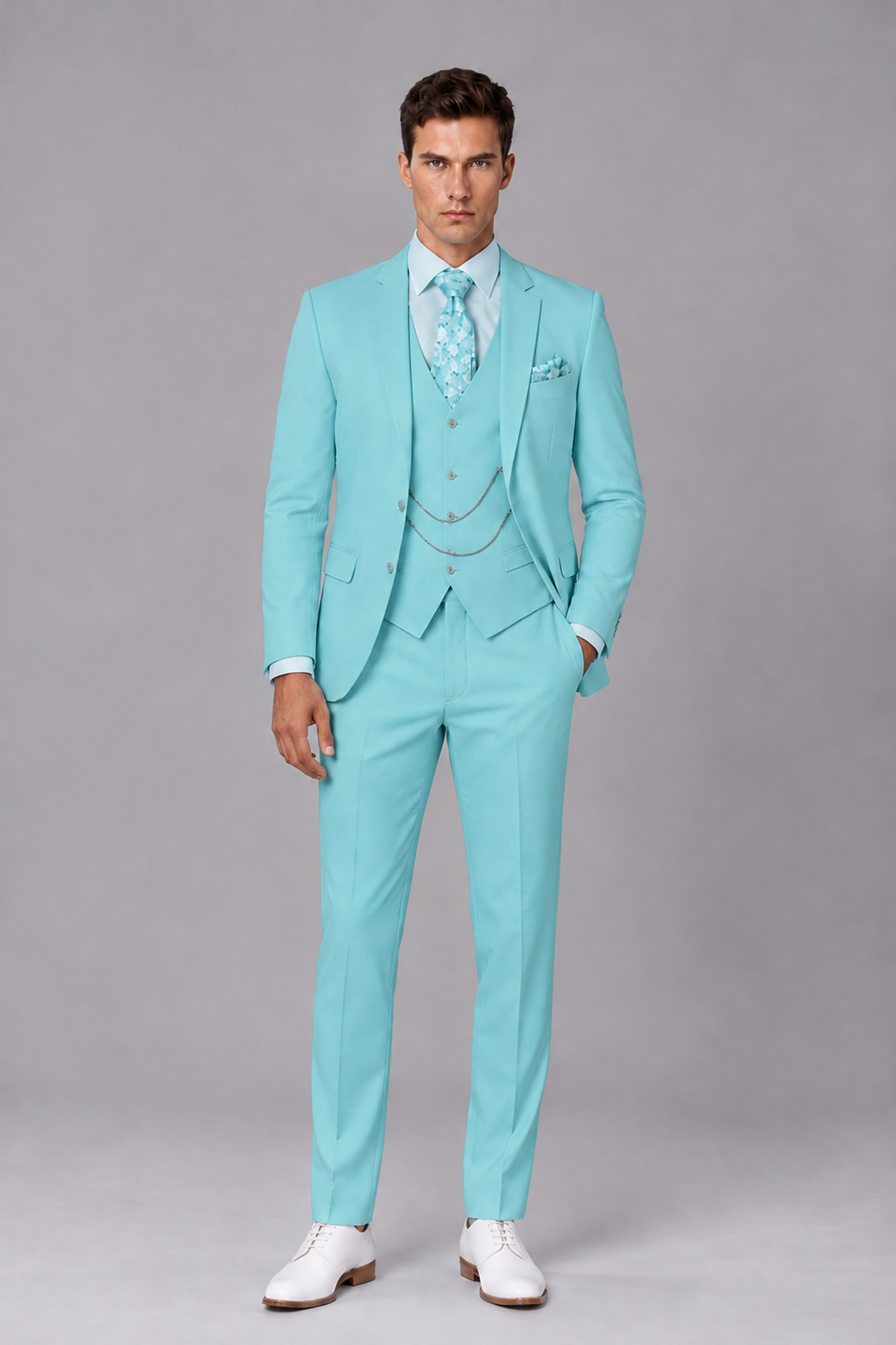 Savile Turquoise 3-Piece Suit with Notch Lapel & Chain Vest - Turquoise