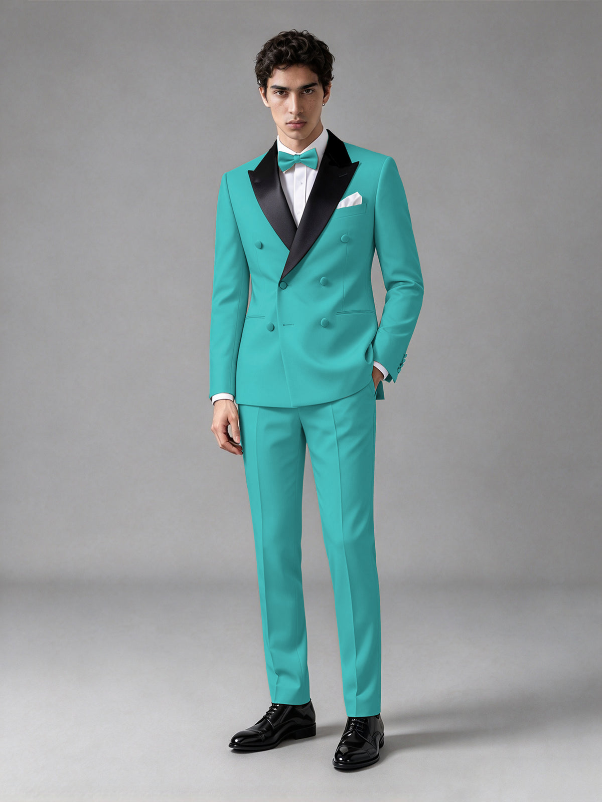 Men's Turquoise Double-Breasted Satin Peak Lapel Tuxedo Suit Set (Jacket + Trousers) - Turquoise