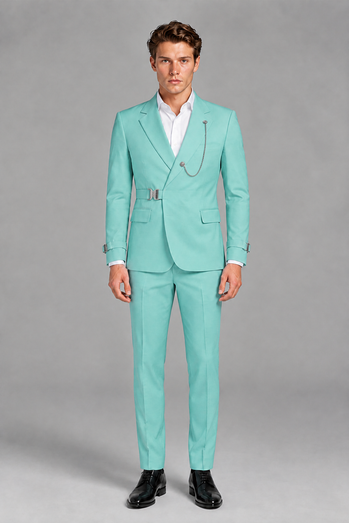 Savile Men's Turquoise Buckle-Closure 2-Piece Suit Set | Peak Lapel Blazer & Trousers - Turquoise