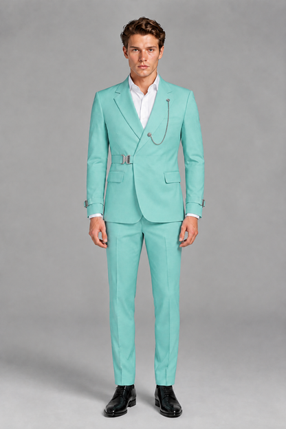 Savile Men's Turquoise Buckle-Closure 2-Piece Suit Set | Peak Lapel Blazer & Trousers - Turquoise