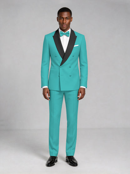 Men's Turquoise Double-Breasted Tuxedo Suit – Satin Shawl Lapel Turquoise-Tie Wedding & Gala 2-Piece Set - Turquoise