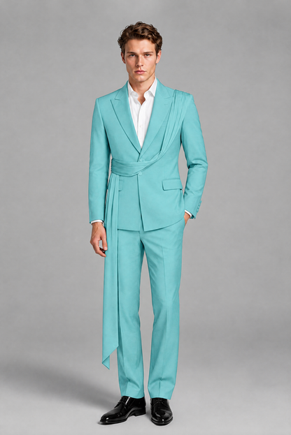 Men's Turquoise Draped Sash Suit – Peak Lapel 2-Piece Slim Fit Party, Gala & Wedding Set - Turquoise