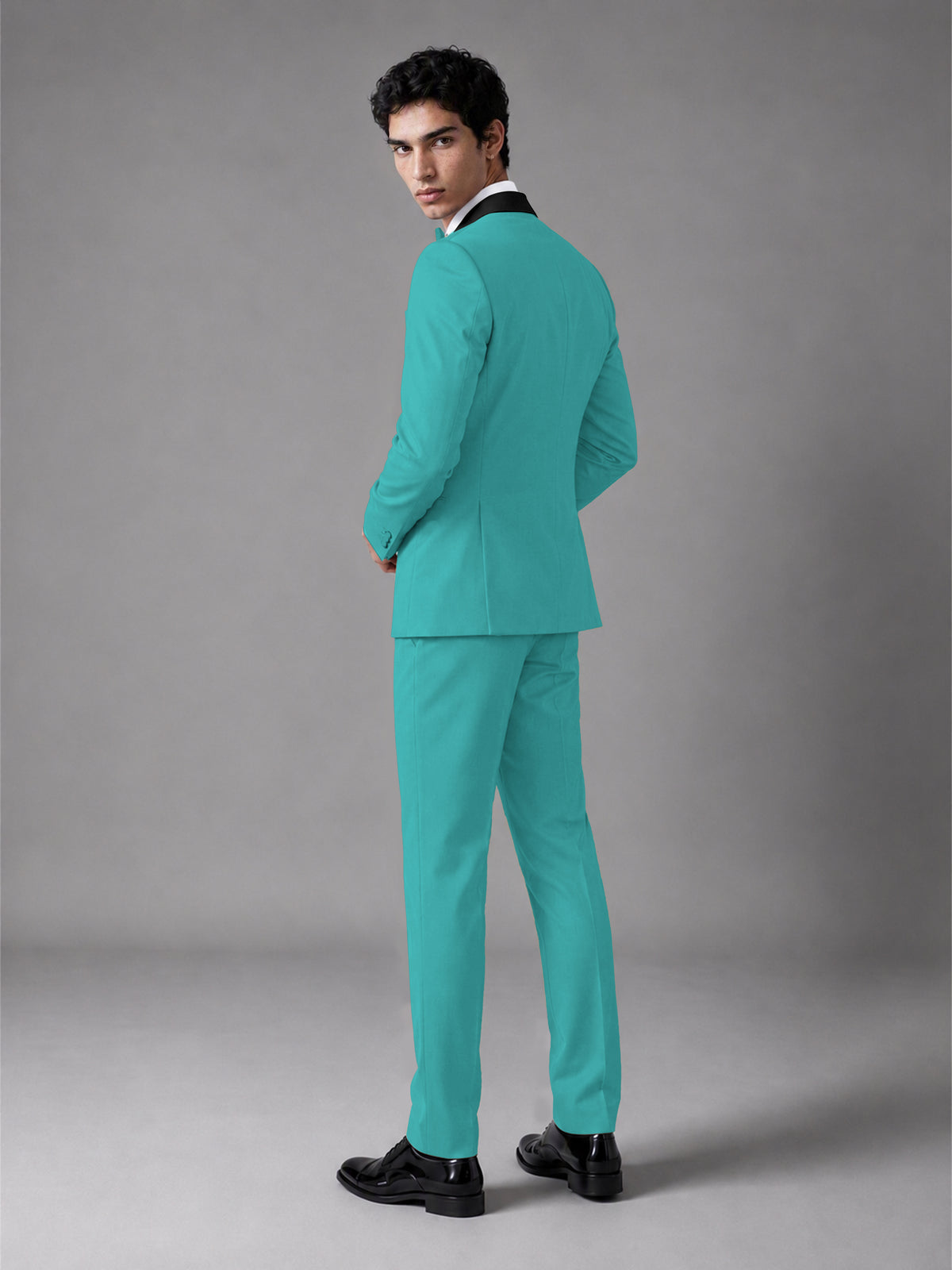 Men's Turquoise Double-Breasted Satin Peak Lapel Tuxedo Suit Set (Jacket + Trousers) - Turquoise