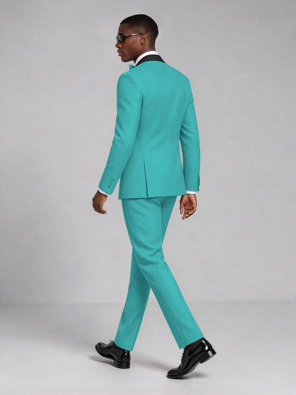 Men's Turquoise Double-Breasted Tuxedo Suit – Satin Shawl Lapel Turquoise-Tie Wedding & Gala 2-Piece Set - Turquoise