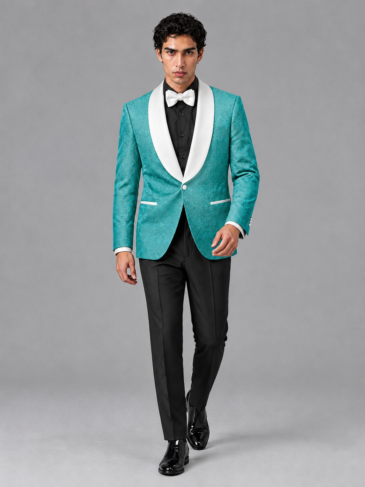 Savile Men's Turquoise Jacquard White Shawl Lapel 2-Piece Tuxedo Suit Set | Jacket & Trousers - Turquoise - Turquoise (3)