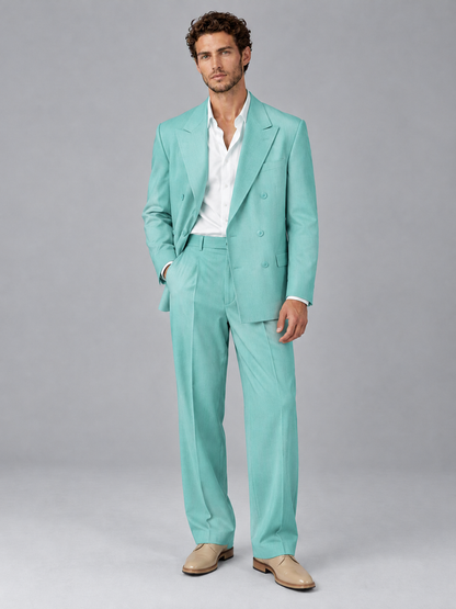 Savile Turquoise Beige Double-Breasted 2-Piece Suit with Peak Lapel - Turquoise