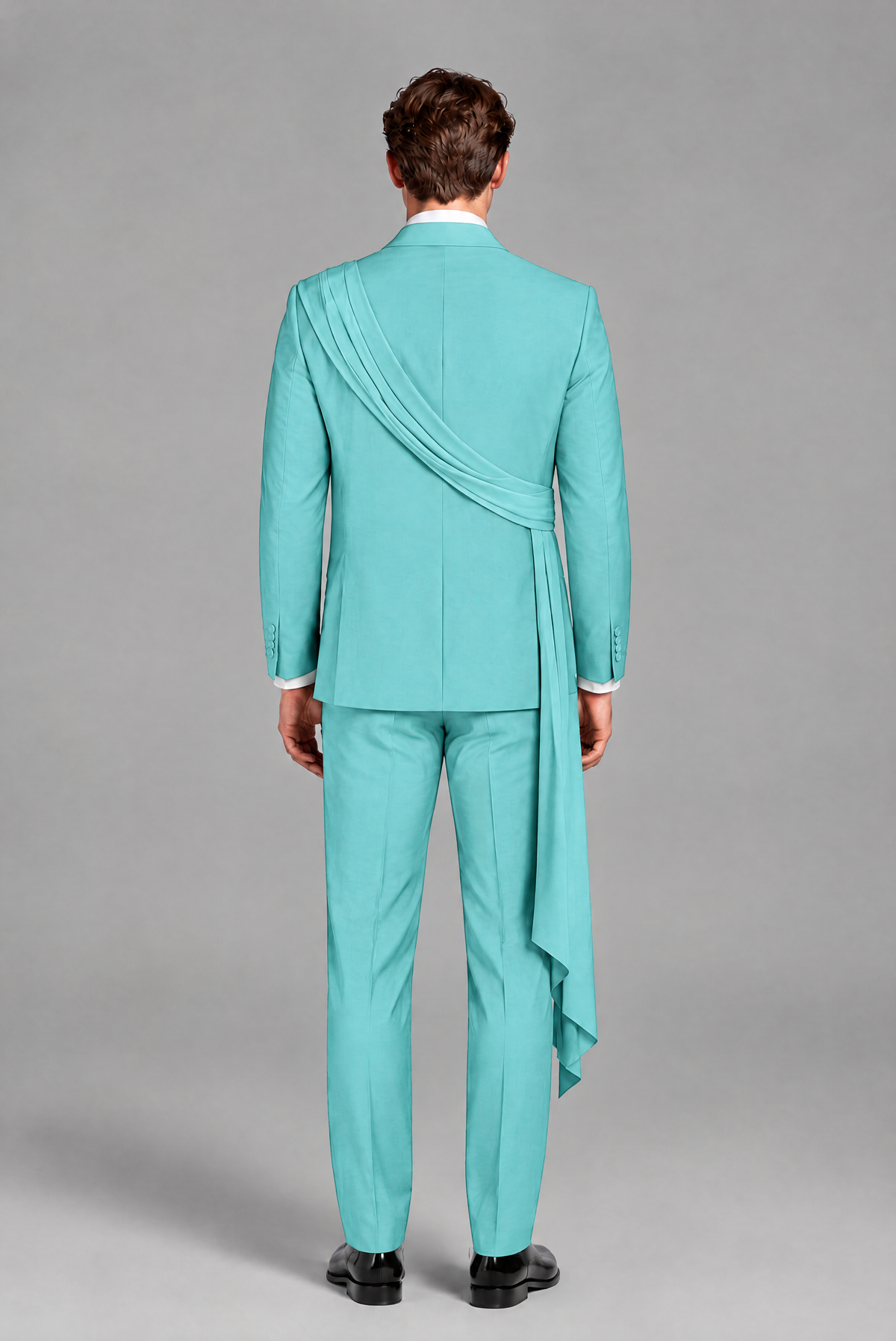 Men's Turquoise Draped Sash Suit – Peak Lapel 2-Piece Slim Fit Party, Gala & Wedding Set - Turquoise