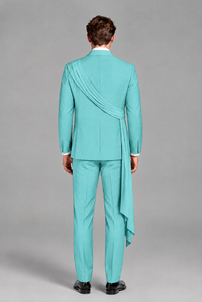 Men's Turquoise Draped Sash Suit – Peak Lapel 2-Piece Slim Fit Party, Gala & Wedding Set - Turquoise