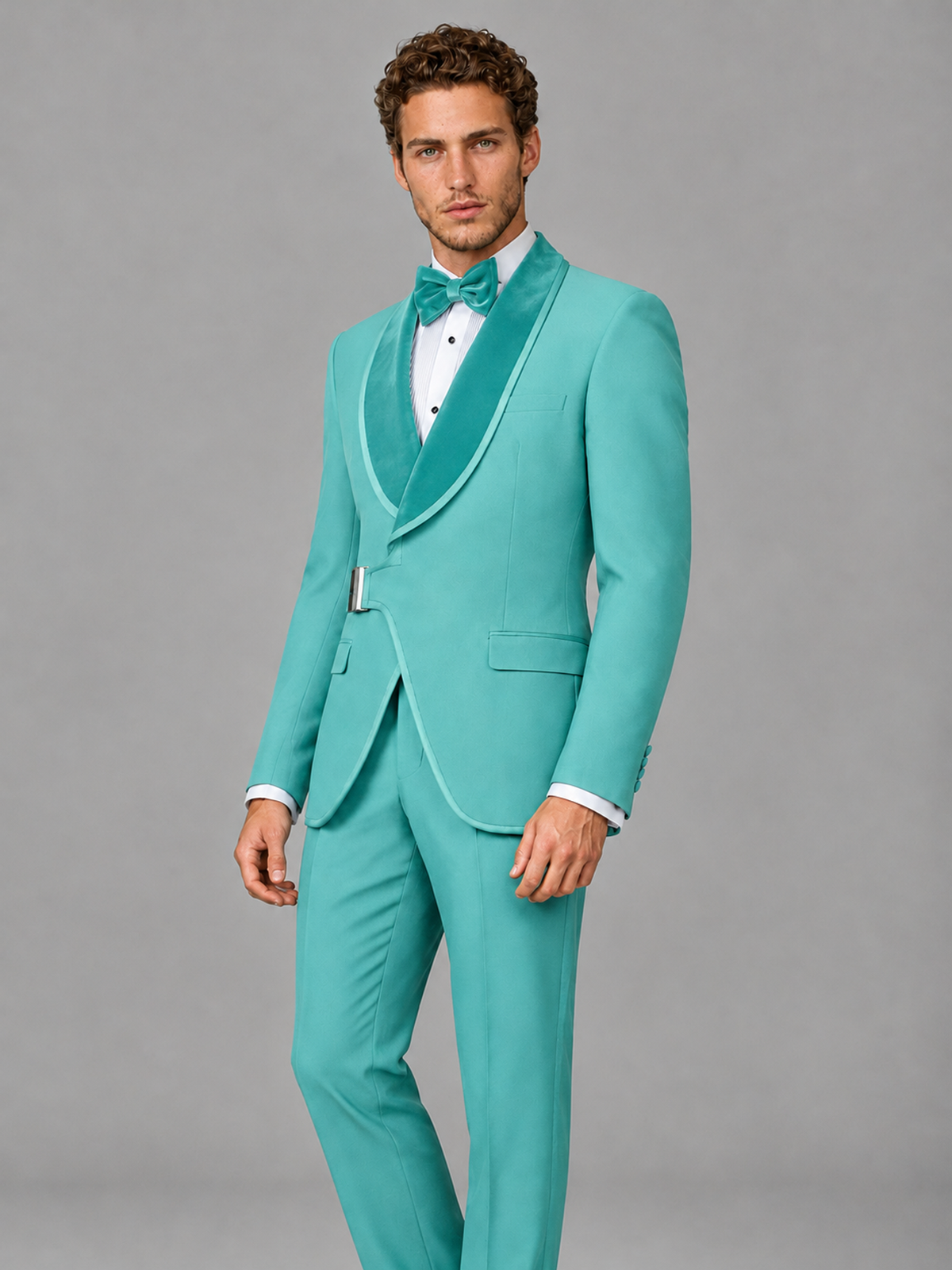 Savile Men's Turquoise Velvet Shawl Lapel Tuxedo Suit – Modern Side-Buckle Dinner Jacket & Trousers 2-Piece Set - Turquoise