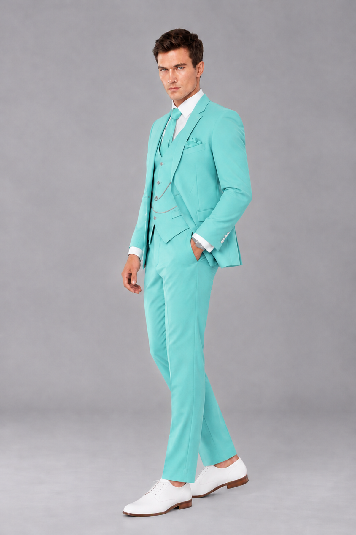 Savile Turquoise 3-Piece Suit with Notch Lapel & Chain Vest - Turquoise