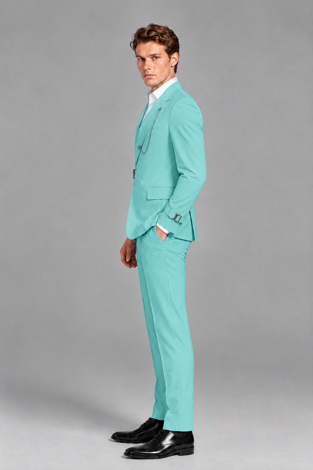 Savile Men's Turquoise Buckle-Closure 2-Piece Suit Set | Peak Lapel Blazer & Trousers - Turquoise