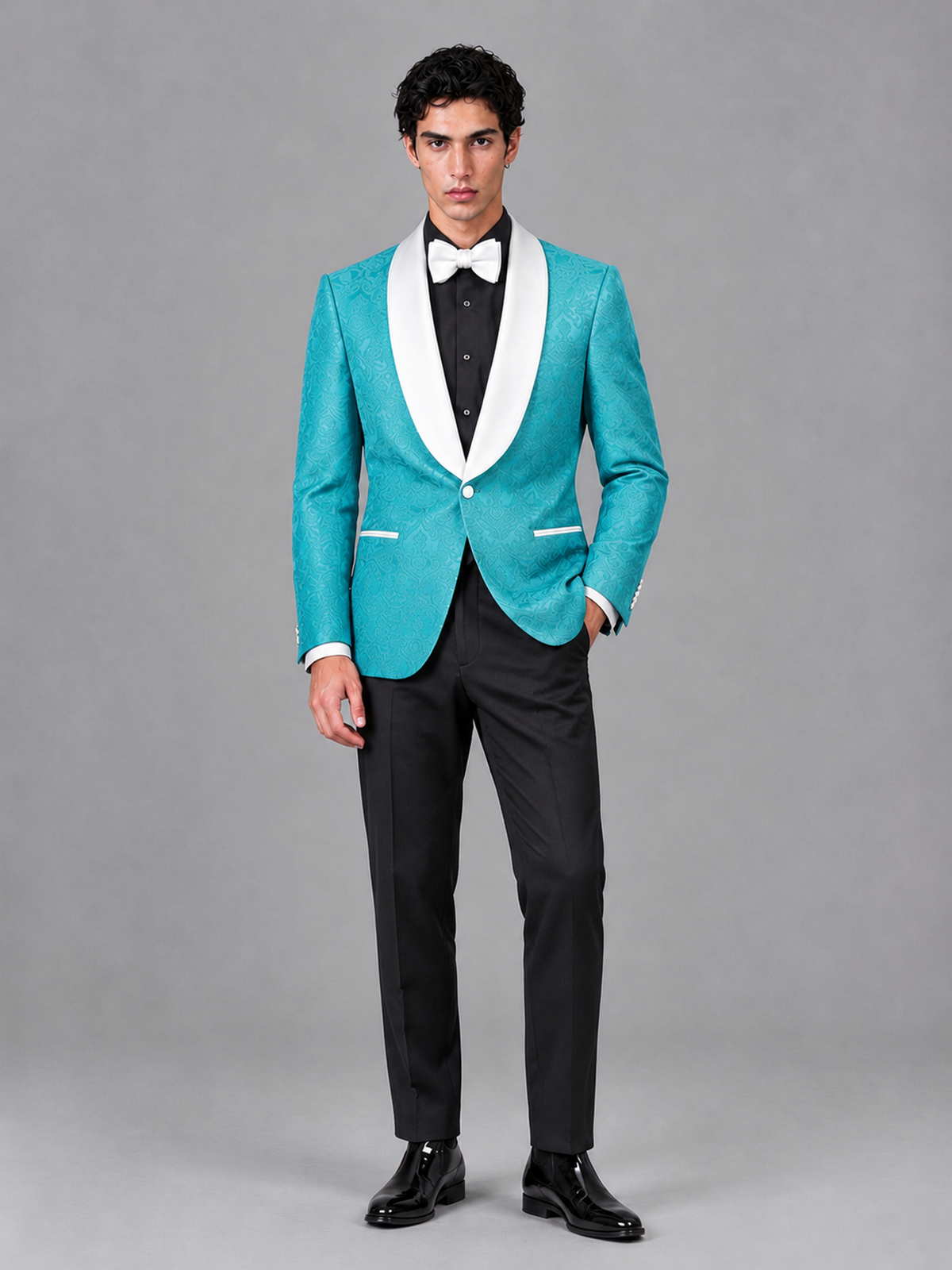 Savile Men's Turquoise Jacquard White Shawl Lapel 2-Piece Tuxedo Suit Set | Jacket & Trousers - Turquoise - Turquoise (4)