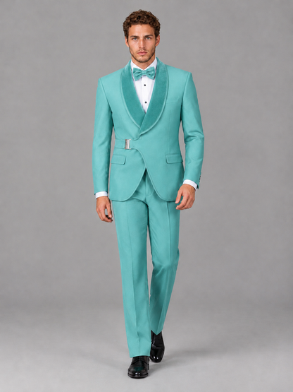 Savile Men's Turquoise Velvet Shawl Lapel Tuxedo Suit – Modern Side-Buckle Dinner Jacket & Trousers 2-Piece Set - Turquoise