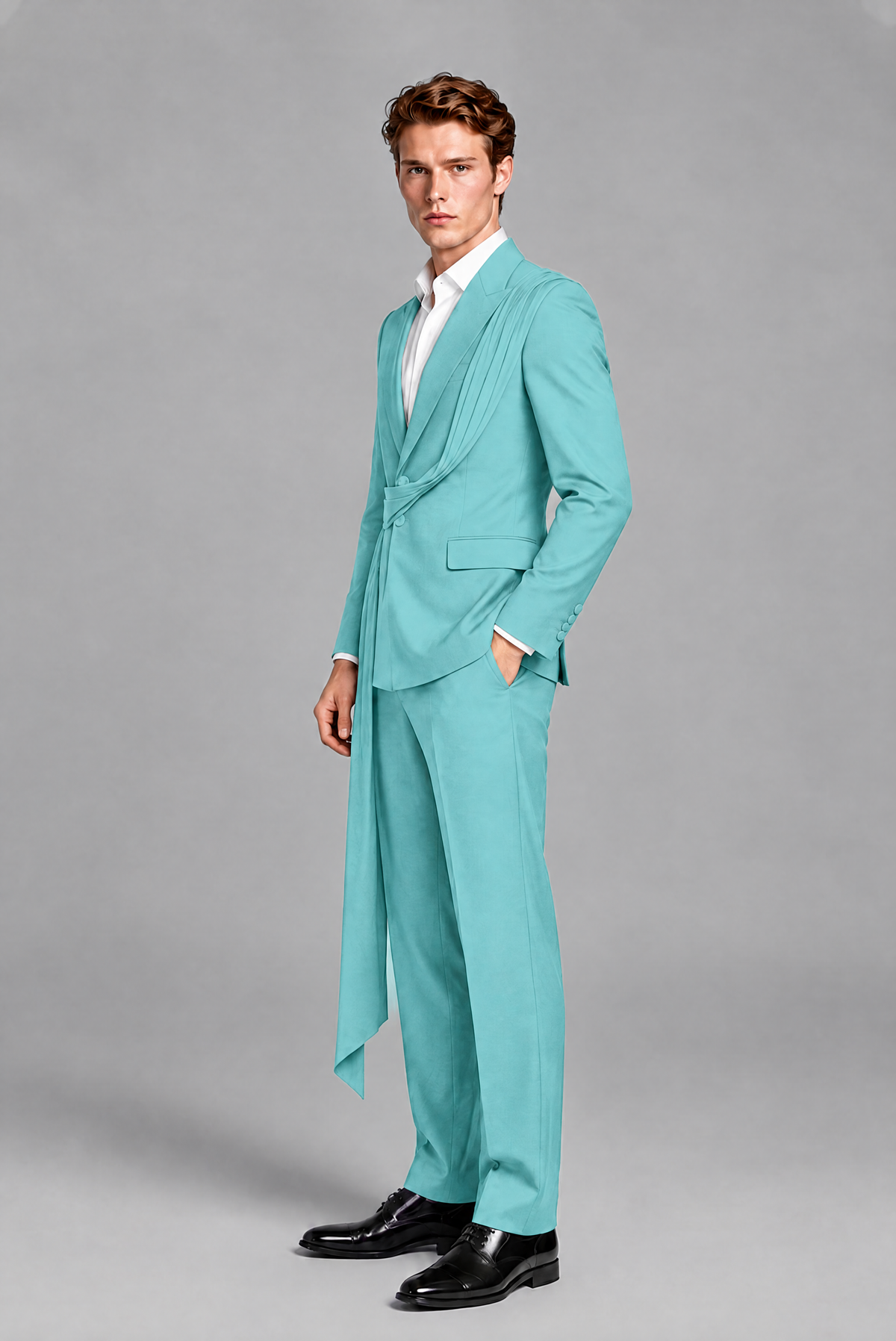 Men's Turquoise Draped Sash Suit – Peak Lapel 2-Piece Slim Fit Party, Gala & Wedding Set - Turquoise
