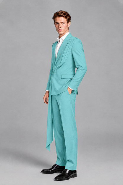 Men's Turquoise Draped Sash Suit – Peak Lapel 2-Piece Slim Fit Party, Gala & Wedding Set - Turquoise