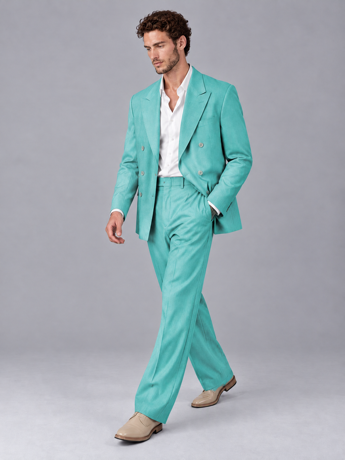 Savile Turquoise Beige Double-Breasted 2-Piece Suit with Peak Lapel - Turquoise