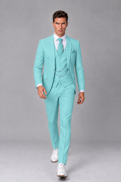 Savile Turquoise 3-Piece Suit with Notch Lapel & Chain Vest - Turquoise