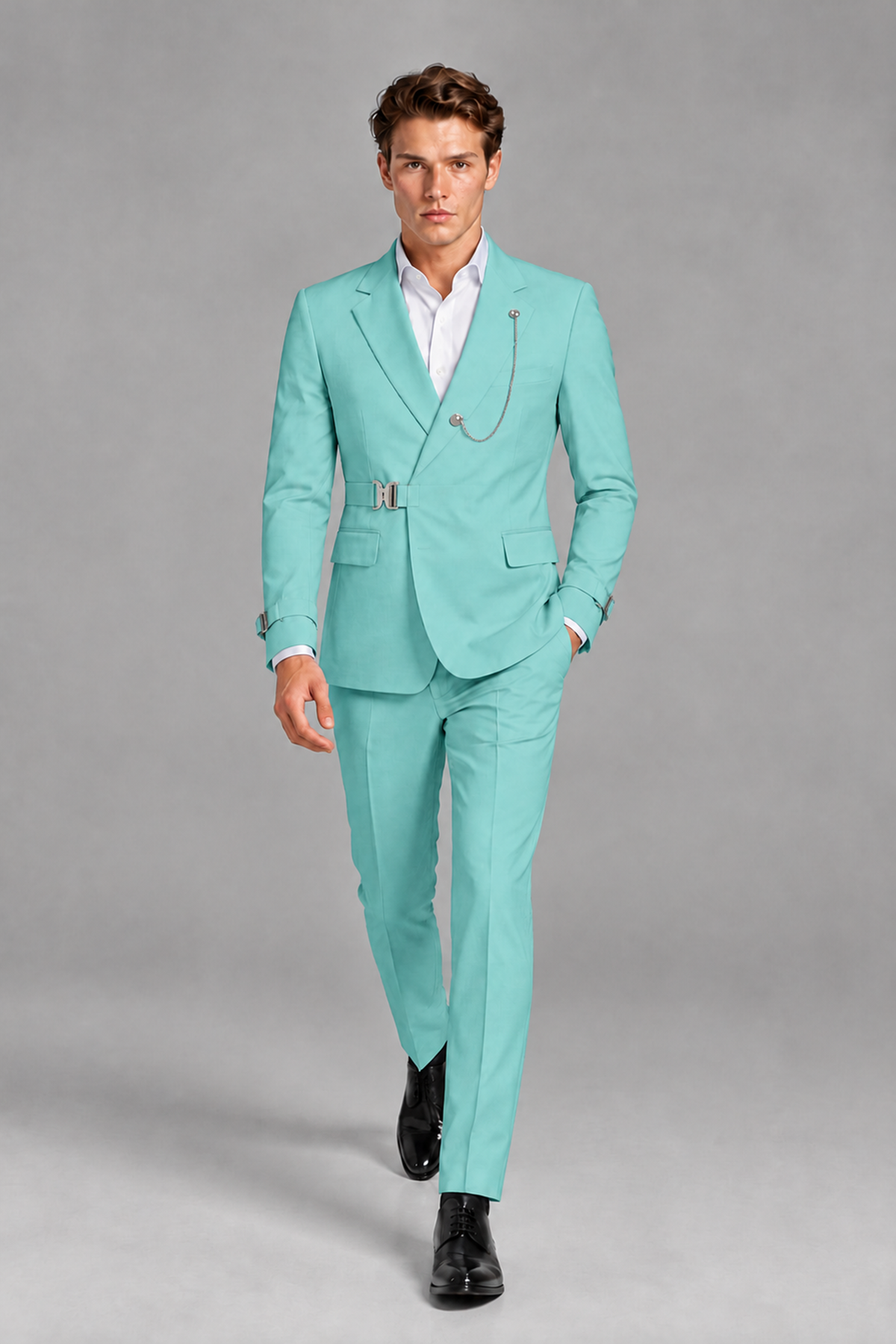 Savile Men's Turquoise Buckle-Closure 2-Piece Suit Set | Peak Lapel Blazer & Trousers - Turquoise