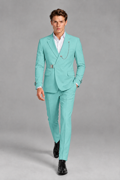 Savile Men's Turquoise Buckle-Closure 2-Piece Suit Set | Peak Lapel Blazer & Trousers - Turquoise