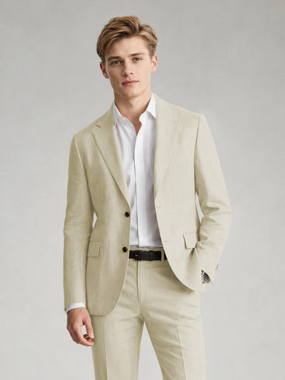 Savile Men's Sand Khaki Linen-Blend 2-Piece Suit Set – Two-Button Notch Lapel Slim-Fit Blazer & Slim Trousers - Wheat Beige - Wheat_Beige