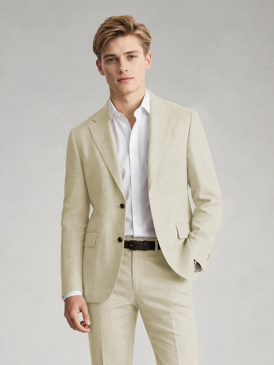 Savile Men's Sand Khaki Linen-Blend 2-Piece Suit Set – Two-Button Notch Lapel Slim-Fit Blazer & Slim Trousers - Wheat Beige - Wheat_Beige