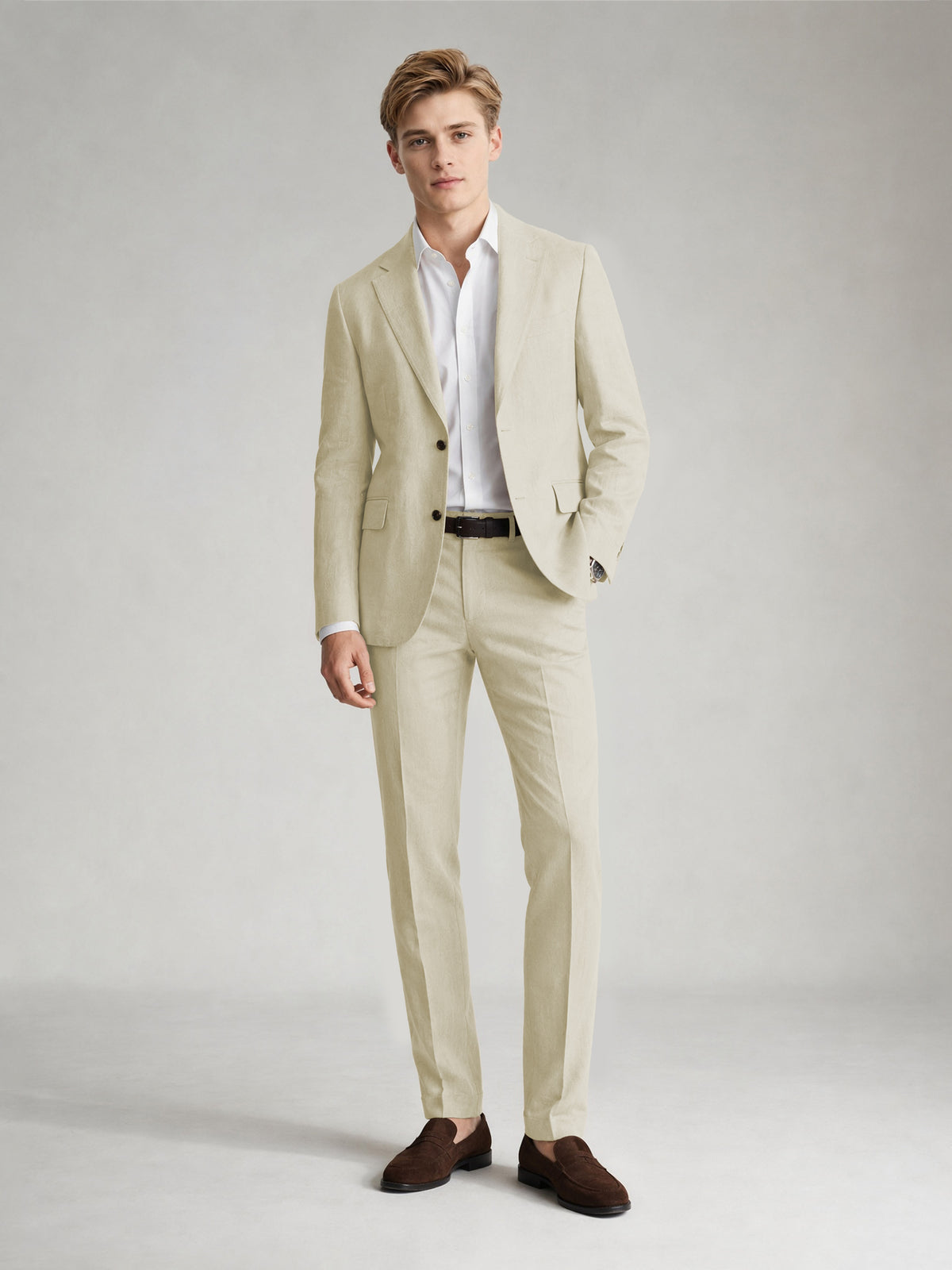 Savile Men's Sand Khaki Linen-Blend 2-Piece Suit Set – Two-Button Notch Lapel Slim-Fit Blazer & Slim Trousers - Wheat Beige - Wheat_Beige