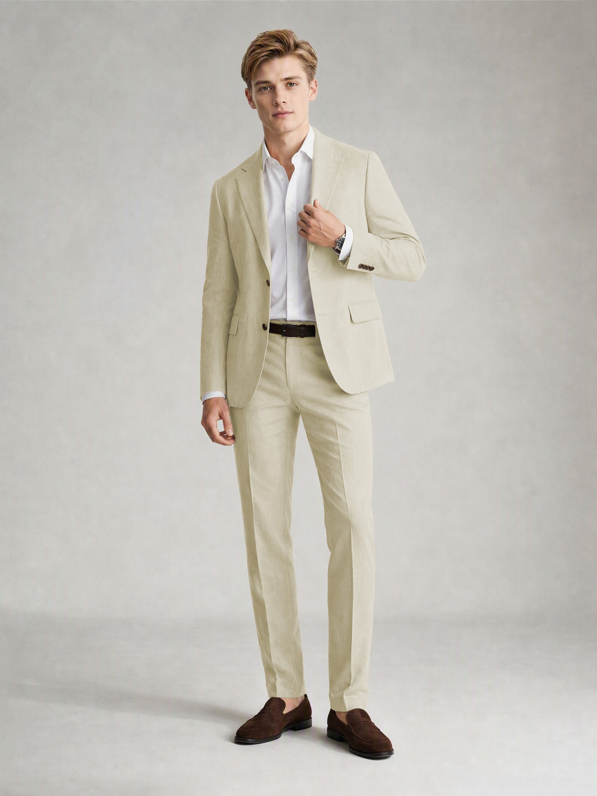 Savile Men's Sand Khaki Linen-Blend 2-Piece Suit Set – Two-Button Notch Lapel Slim-Fit Blazer & Slim Trousers - Wheat Beige - Wheat_Beige