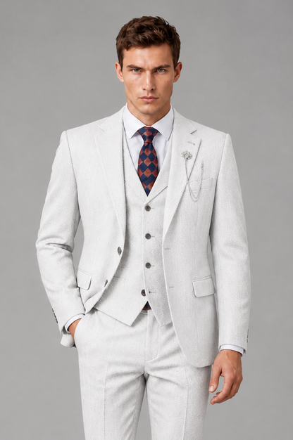 Savile Men's Grey Notch Lapel 3-Piece Suit Set | Jacket, Vest & Trousers - White - White