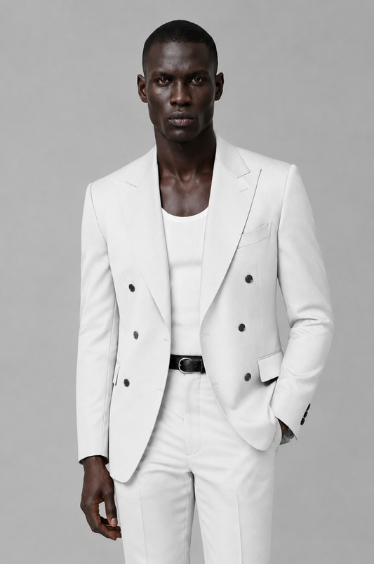 Savile Men's White Double Breasted Slim Fit 2-Piece Suit Set – Blazer & Trousers | Wedding Gala Formal - White - White_01