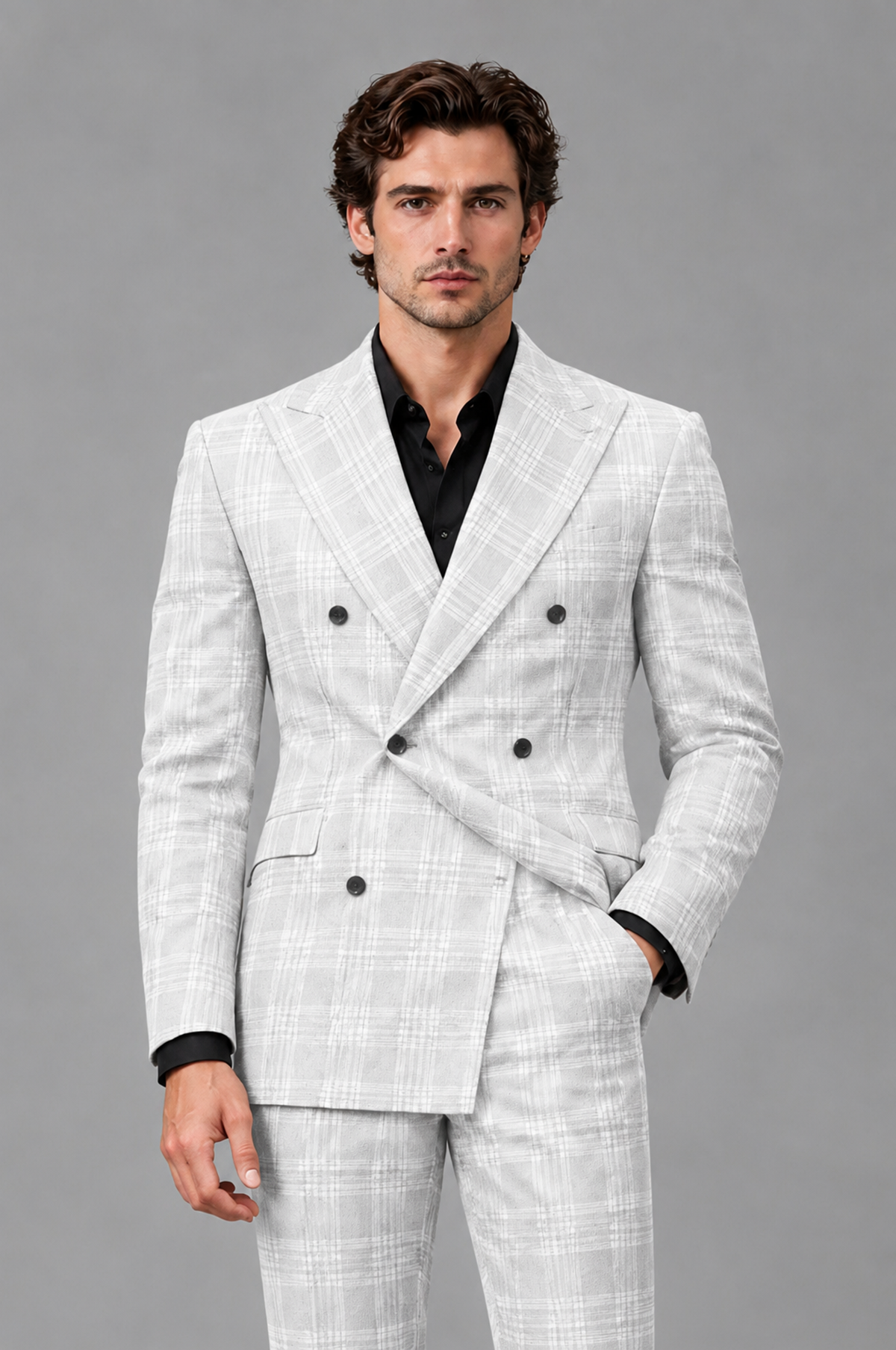 Savile Men's Rust Plaid 2-Piece Double-Breasted Suit – Peak Lapel Slim-Fit Jacket & Trousers Set - White - White
