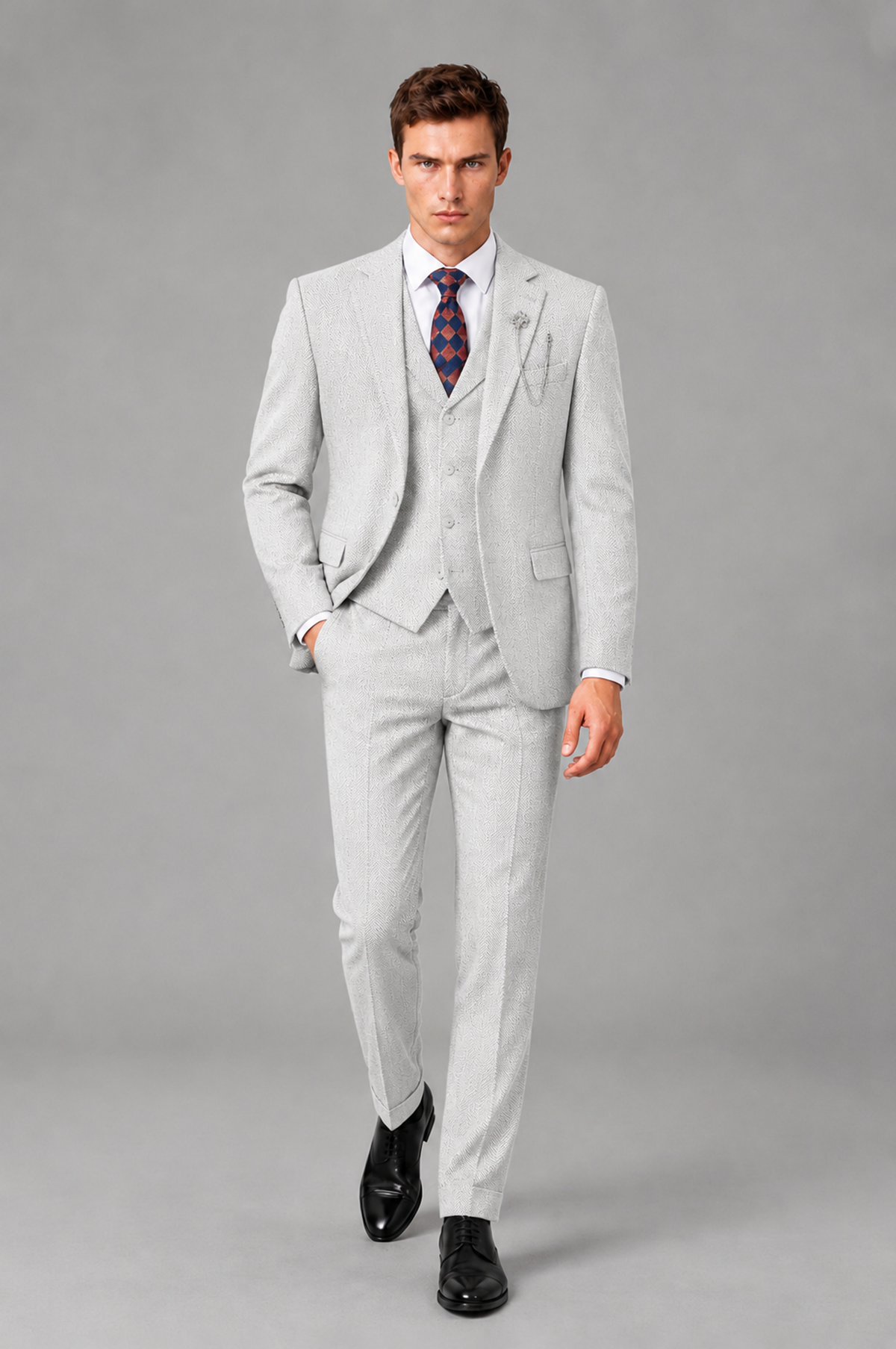 Savile Men's Grey Notch Lapel 3-Piece Suit Set | Jacket, Vest & Trousers - White - White